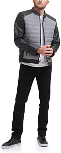 DKNY Men's Mixed Media Faux Leather Puffer Motocros Racer Jacket in Kuwait