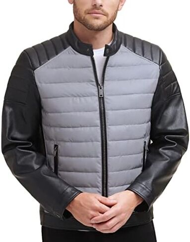 DKNY Men's Mixed Media Faux Leather Puffer Motocros Racer Jacket in Kuwait
