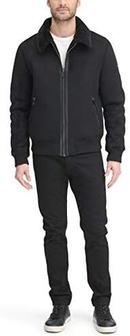 DKNY Men's Shearling Bomber Jacket with Faux Fur Collar in Kuwait