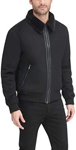 DKNY Men's Shearling Bomber Jacket with Faux Fur Collar in Kuwait