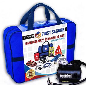 Car Emergency Safety Kit Bag with Portable Air Compressor, First Aid Kit, Heavy Duty Roadside Auto Emergency Kits Jumper Cables Tow Strap Tire Pressure Gauge, Headlamp, for Women, Men, Teen in Saudi Arabia