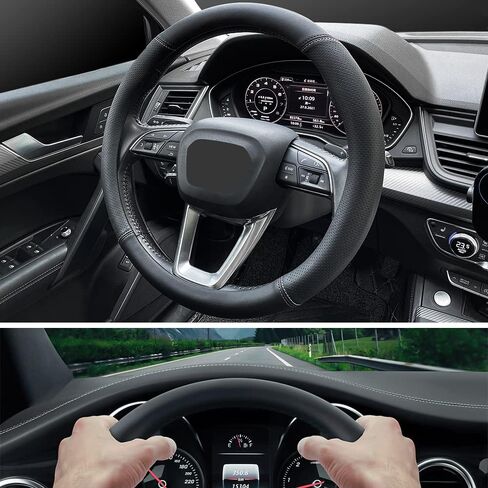 LKWLIKEI Nappa Premium Leather car Steering Wheel Cover, Non-Slip, Breathable, Universal 15 inches in Kuwait
