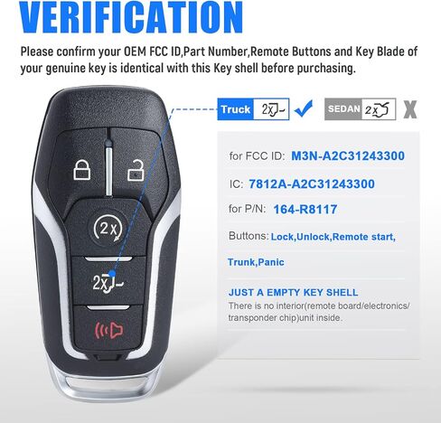 Keymall غطاء حافظة مفتاح السيارة عن بعد لسيارة Ford F150/F250 2015 2016 2017 (معرف لجنة الاتصالات الفيدرالية: M3N-A2C31243300 P/N:164-R8117) 5 أزرار، مجرد غطاء مفتاح in Kuwait