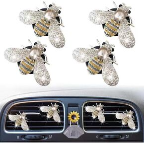 Bling Bee Air Vent Clips, 4 Pcs Crystal Bee Car Air Fresheners Car Diffuser Vent Clip Rhinestone Car Decoration for Women Interior Decor Bling Car Accessories + Sunflower Mask Hook in Saudi Arabia