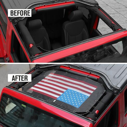 JeCar Mesh Sunshade 2 Door Durable Polyester Top Cover Provides UV Sun Protection for Jeep Wrangler JK & Unlimited 2007-2018 (Black and White American Flag) in Kuwait