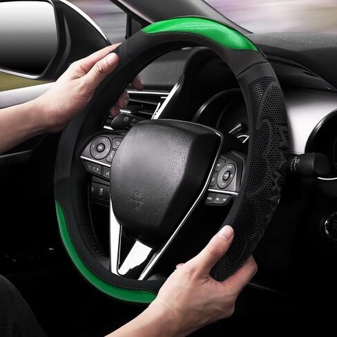 غطاء عجلة قيادة من الجلد باللون الأحمر الداكن بتصميم رياضي من NICEASY، غطاء عجلة قيادة بمقبض رياضي أسود، عجلة قيادة عالمية مقاس 14.5-15.25 بوصة in Kuwait