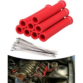 Spark Plug Wire Heat Shield Spark Plug Wire Boots Heat Shield Protector Sleeve 2500 Degree Spark Plug Heat Cover Wrap 6 Inch for SBC BBC 350 454 8PCS with 16pcs Stainless Steel Wire Ties (Black)