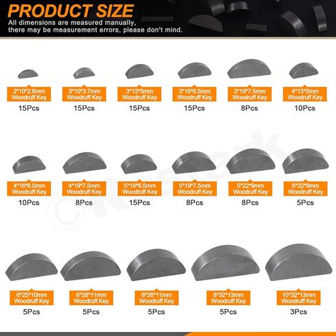 155Pcs 17 Sizes Woodruff Key Stock Assortment Kit Half Moon Semicircle Bond Key Flywheel Key Metric Hardware for Mechanical Industry Use in Kuwait