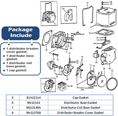 9N12104 Distributor Gasket Set for Ford Tractors 2N 8N 9N Replaces 91A12114, 9N12140A, 9N12143, 9N12276B in Saudi Arabia