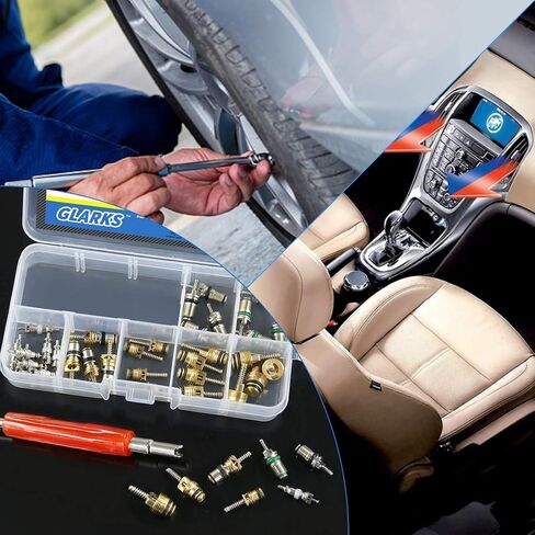 Glarks 148Pcs Tire Valve Car Air Conditioner Valve Core Kit, Tyre Air Valve Cap Tire Valve Core Tire Valve Stem Air Conditioning Valve Core with Dual Head Valve Core Remover Tool 6 in1 Tire Repair Set in Kuwait