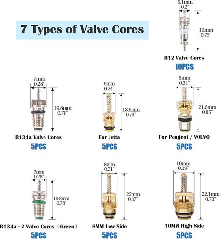 Glarks 148Pcs Tire Valve Car Air Conditioner Valve Core Kit, Tyre Air Valve Cap Tire Valve Core Tire Valve Stem Air Conditioning Valve Core with Dual Head Valve Core Remover Tool 6 in1 Tire Repair Set in Kuwait