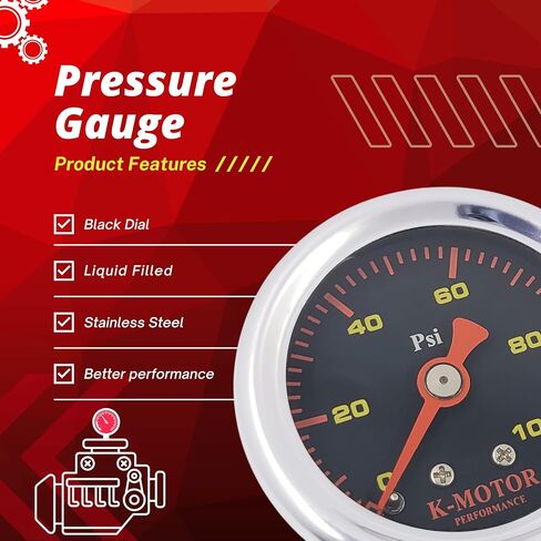K-Motor Pressure Gauge for Fuel and Oil - 1/8 NPT - 100 Psi - Black in Saudi Arabia