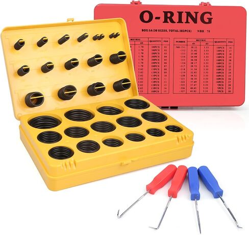 O Ring Kit, Inch & Metric Sizes, Nitrile-70A, Rubber Seals O Rings & 4 Pieces Orings Remover Tools in a Storage Case, for Faucet, Plumbing, Automotive (Red & Yellow Case) 786 Pieces in Kuwait