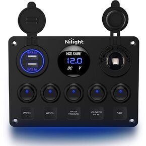 Nilight 90101E 5Gang Multi-Function 5 Gang Rocker Dual USB Charger + Digital Volmeter +12V Outlet Pre-Wired Switch Panel with Circuit Breakers for RV Car Boat Truck Trailer,2 Years Warranty,Blue