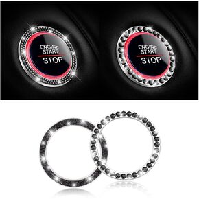 Car Bling Crystal Rhinestone Engine Start Ring Stickers, 1 Single Drainage Drill and 1 Double Drainage Drill Car Start Button Cover, Key Ignition Knob Bling Ring Decals, Bling Car Accessories(Black)