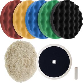 Ultimate 6 Pad Buffing and Polishing Kit with 6-8" Pads; 5 TCP Global Waffle Foam & 1 Wool Grip Pads and a 5/8" Threaded Polisher Grip Backing Plate