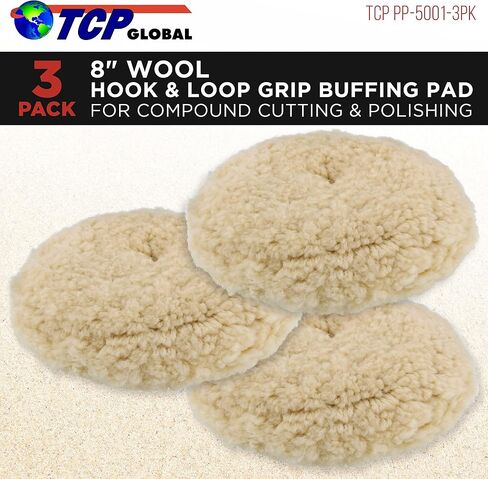 TCP Global 8" 100% Wool Polishing & Buffing Pad (3 Pack) with Hook and Loop Backing - Wool Buffing Pad for Automotive, Marine, Truck, RV & Compound Cutting in Saudi Arabia