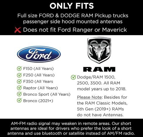 استبدال هوائي EcoAuto Bullet لشاحنات Dodge Ram & Ford F150 F250 F350 Super Duty Ford Raptor Bronco - تصميم مضاد للسرقة - هوائي الراديو للشاحنة 1990 - الحالي (أسود غير لامع) in Kuwait