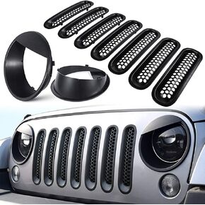 E-cowlboy Front Grille Mesh Inserts & Headlight Cover for 2007-2017 Jeep Wrangler JK JKU Unlimited Sport Rubicon Sahara Clip-in Grille Cover Guard Angry Bird Headlight Bezels Trim (Matte Black) in Saudi Arabia