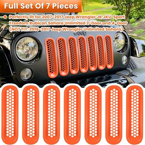 7PCS Front Grill Mesh Inserts for Jeep Wrangler JK JKU Sport Freedom Rubicon Sahara Unlimited 2007-2018 Exterior Accessories Clip-in Grille Guard Cover Trim (Glossy Black) in Kuwait