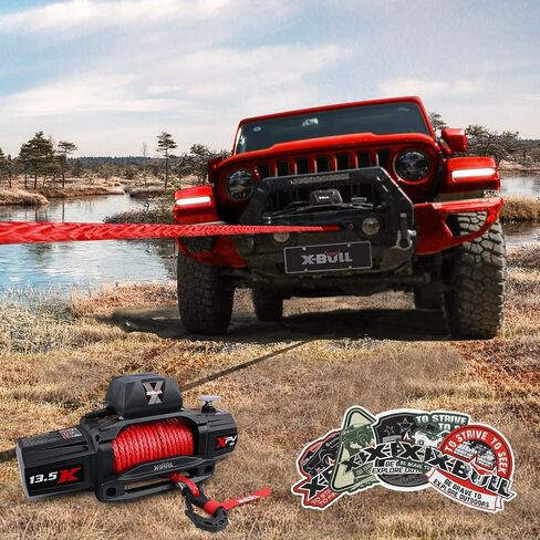 حبل ونش صناعي X-BULL - مجموعة كابل - خط ونش 1/2 بوصة × 85 قدم 32000 رطل مع أكمام واقية وخطاف ونش آمن وحزام سحب آمن لشاحنة الدفع الرباعي على الطرق الوعرة وسيارات الدفع الرباعي ATV UTV - أحمر in Kuwait