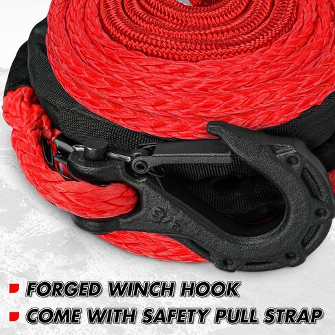 حبل ونش صناعي X-BULL - مجموعة كابل - خط ونش 1/2 بوصة × 85 قدم 32000 رطل مع أكمام واقية وخطاف ونش آمن وحزام سحب آمن لشاحنة الدفع الرباعي على الطرق الوعرة وسيارات الدفع الرباعي ATV UTV - أحمر in Kuwait