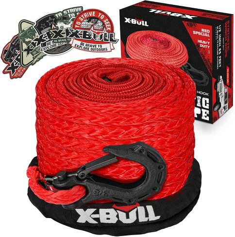 حبل ونش صناعي X-BULL - مجموعة كابل - خط ونش 1/2 بوصة × 85 قدم 32000 رطل مع أكمام واقية وخطاف ونش آمن وحزام سحب آمن لشاحنة الدفع الرباعي على الطرق الوعرة وسيارات الدفع الرباعي ATV UTV - أحمر in Kuwait