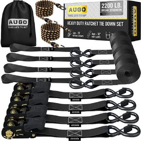 AUGO Self-Locking Retractable Ratchet Straps | 4 Heavy Duty Self-Tensioning Retractable Tie Down Straps with Soft Loops & Storage Bag | for Motorcycle, Truck, Cargo | 1500Lb Break Strength 1" x 12’