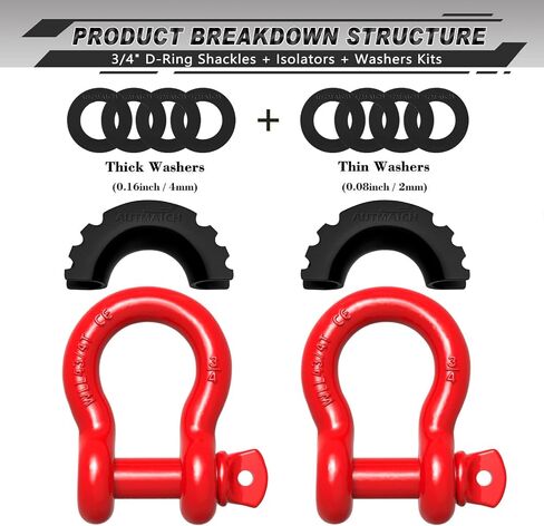AUTMATCH D Ring Shackle 3/4" Shackles (2 Pack) 41,887Ibs Break Strength with 7/8" Screw Pin and Shackle Isolator Washers Kit for Tow Strap Winch Off Road Vehicle Recovery Black in Kuwait