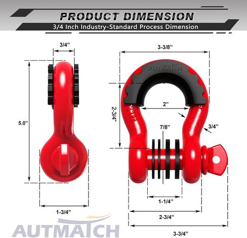 AUTMATCH D Ring Shackle 3/4" Shackles (2 Pack) 41,887Ibs Break Strength with 7/8" Screw Pin and Shackle Isolator Washers Kit for Tow Strap Winch Off Road Vehicle Recovery Black in Kuwait