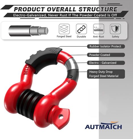 AUTMATCH D Ring Shackle 3/4" Shackles (2 Pack) 41,887Ibs Break Strength with 7/8" Screw Pin and Shackle Isolator Washers Kit for Tow Strap Winch Off Road Vehicle Recovery Black in Kuwait