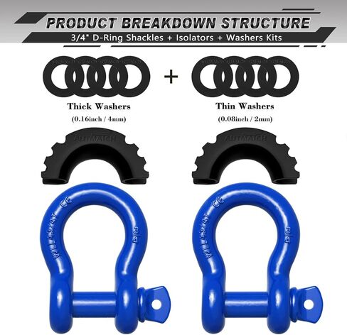 AUTMATCH D Ring Shackle 3/4" Shackles (2 Pack) 41,887Ibs Break Strength with 7/8" Screw Pin and Shackle Isolator Washers Kit for Tow Strap Winch Off Road Vehicle Recovery Black in Kuwait