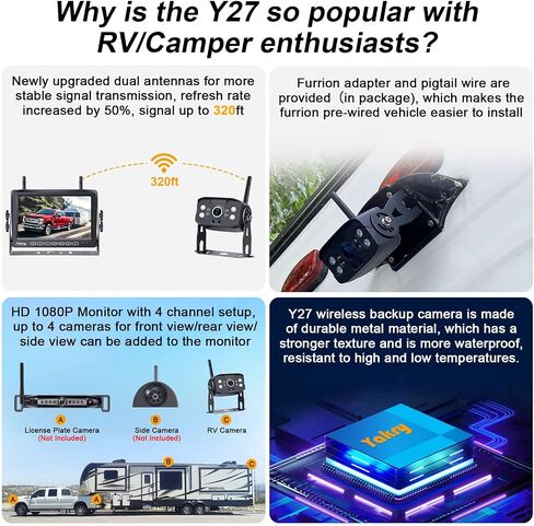 Yakry RV Backup Camera Wireless HD 1080P with 7 Inch Touch Key DVR Monitor for RVs,Campers,Trailers,Trucks Adapter For Furrion-Pre-wired RVs High-Speed Rear View Observation IR Night Vision Y27 in Kuwait