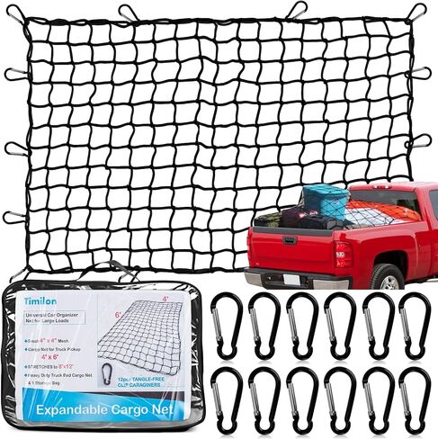 Cargo Net for Pickup Truck Bed 3'x4' Stretches to 6'x8' Heavy Duty Truck Bed Cargo Net 12 Tangle-Free Clip Carabiners and 1 Storage Bag Small 4" x 4" Mesh Universal Car Organizer Net for Large Loads in Saudi Arabia