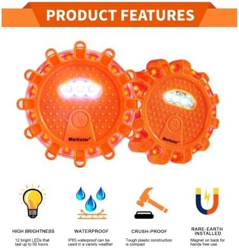 Markstor LED Road Flares 3 Pack عدة سيارات الطوارئ على جانب الطريق، ضوء مضيئة للسلامة على الطرق USB قابل لإعادة الشحن (بطارية ليثيوم)، ضوء تحذير منارة السلامة |9 أوضاع فلاش، مع مغناطيس وخطاف in Kuwait