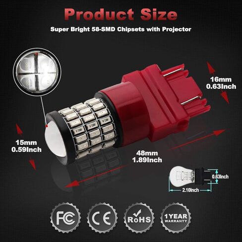 يوركيم مصباح LED 3157 احمر فائق السطوع 3156 LED لمصابيح الفرامل الخلفية للسيارة مع جهاز عرض - 3056 3156 3057K 4157K 3047K 3157LL 3457 3057 4057 4157 T25، عبوة من 4 قطع in Kuwait
