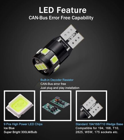 BRISHINE 300LM مشرق للغاية Canbus خالية من الأخطاء 194 168 2825 192 W5W T10 LED لمبات العنبر الأصفر 9-SMD 2835 شرائح LED للعلامة الجانبية بدوره إشارة الوامض خريطة أضواء وقوف السيارات الباب (حزمة من 4) in Kuwait