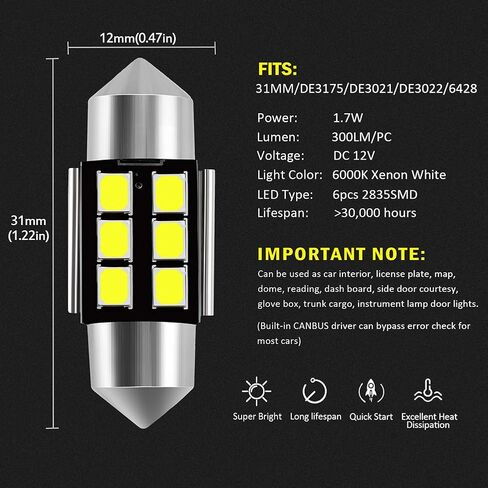 AUXLIGHT DE3175 DE3021 DE3022 3175 31MM 1.22 "Festoon Canbus مصابيح إضاءة داخلية LED خالية من الأخطاء 6000K زينون أبيض، رقائق 6SMD فائقة السطوع لباب خريطة القبة وأضواء لوحة الترخيص (حزمة من 6) in Kuwait