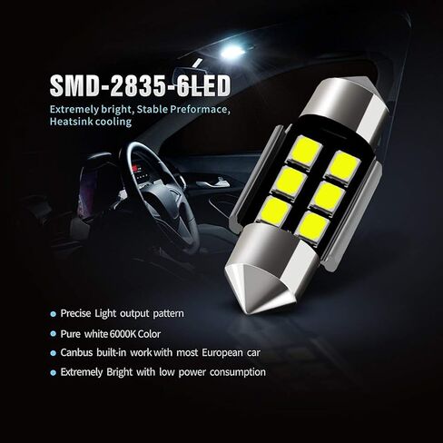 AUXLIGHT DE3175 DE3021 DE3022 3175 31MM 1.22 "Festoon Canbus مصابيح إضاءة داخلية LED خالية من الأخطاء 6000K زينون أبيض، رقائق 6SMD فائقة السطوع لباب خريطة القبة وأضواء لوحة الترخيص (حزمة من 6) in Kuwait