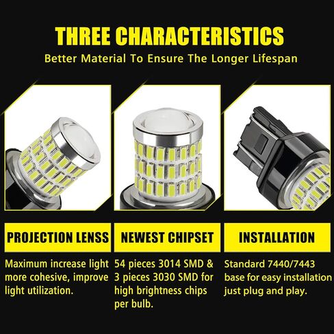 AUXLIGHT 7440 7441 7443 7444 T20 992 W21W LED لمبات زينون بيضاء، فائقة السطوع 57-SMD LED بديلة للنسخ الاحتياطي/الأضواء العكسية، أضواء الفرامل/الذيل، إشارة الانعطاف/وقوف السيارات أو أضواء التشغيل (حزمة من 2) in Kuwait