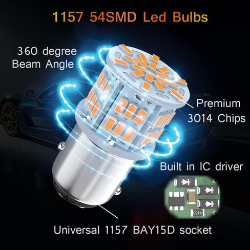 1157 Led Light Bulb Amber Yellow, 12V-24V 1157 7528 2357 2057 BAY15D LED Replacement Light Bulb for Brake Light Tail Light for Car RV Trailer Boat, 54SMD 3014 Chipset,4PCS in Kuwait