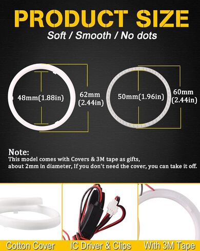 QasimLED 1-Pair أبيض 60 مم COB 39SMD LED هالو خواتم سيارات دراجات نارية عيون الملاك أضواء الضباب المصباح مع غطاء 12 فولت 24 فولت in Kuwait