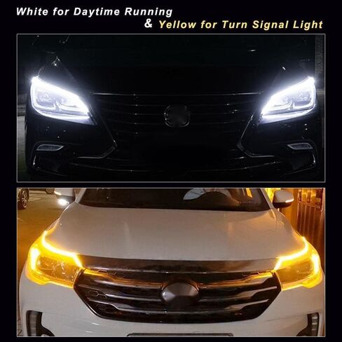 مصابيح شريطية LED EverBright للسيارات، شريط أمامي LED لأضواء الجري أثناء النهار، لمبة إشارة الانعطاف DRL، شريط LED متسلسل كهرماني/أصفر وأبيض (قطعتان 60 سم/24 بوصة) in Kuwait