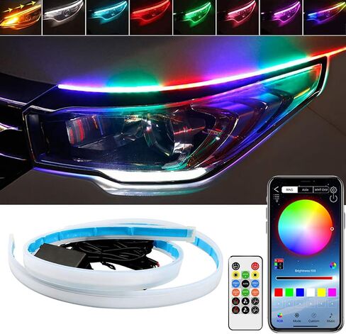 Car Headlight LED Strip, TEKSHINNY 2Pcs 24 Inches RGB Exterior Car LED Strip Light, Flexible Sequential Turn Signal Lights Waterproof Daytime Running Light Strip with Wireless APP Remote Control in Saudi Arabia
