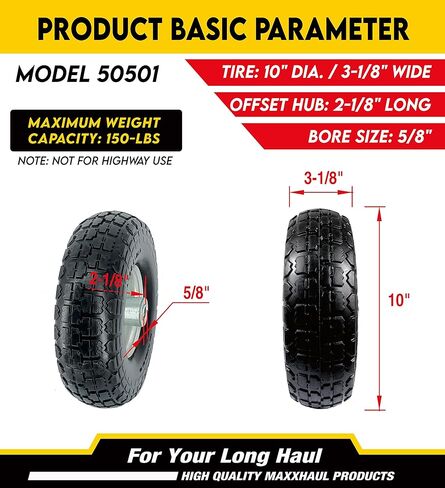 MaxxHaul 50501 Diameter 10" Flat Free All Purpose Tire with 5/8" Ball Bearing Axle Bore Dia, 10 inch, Black in Kuwait