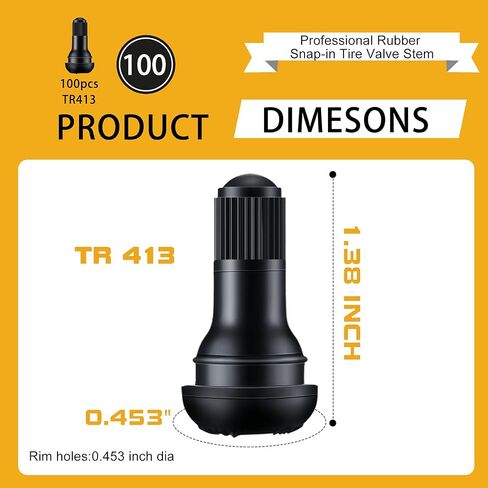 Frienda 100 Pieces TR413 Tire Valve Stems Rubber Black Rubber Snap-in Valve Stems Standard Length Replacement Tire Valve Stems for Car Tubeless Rim Holes Replacement in Kuwait