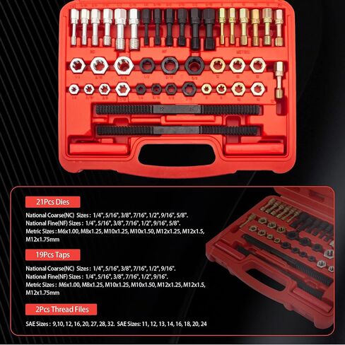 Thread Chaser Set 42Pcs, Thread Repair Kit Includes 21 Rethreading Dies, 19 Rethreading Taps & 2 SAE Thread Files, Thread Restorer Kit with UNF, UNC and Metric Size in Saudi Arabia