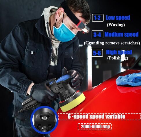 RAYBAO Buffer Polisher 6 "عمل مزدوج لمجموعة تفاصيل الملمع المداري للسيارة 6 سرعات 2000-6400 دورة في الدقيقة ملمع عشوائي مع 3 وسادات تلميع وأداة توزيع قبضة لتلميع السيارات بالشمع in Kuwait