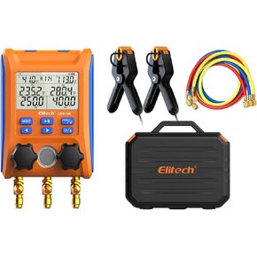 Elitech Digital 4 Valve Manifold Gauge HVAC with Refrigerant Hoses, Vacuum Micron Gauge, Thermometer Clamps, OTA Upgrade, Wireless APP Control