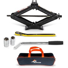 Car Jack Kit with Tesla Pad & Universal Rubber Pad | Scissor Jack for Car 3 Ton (6,600 lbs) - Tire Jack Tool Kit | Portable, Ideal for SUV and Auto - Universal Car Emergency Kit with Lug Wrench